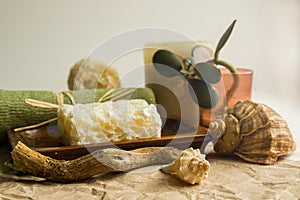 Natural soap, candles, plants, stones, shells on the table, spa procedures, relaxation, healthy lifestyle