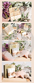 Natural soaps collage with ceramic shells