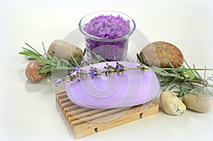 Natural soap with lavender, sprigs of lavender, sea salt with lavender