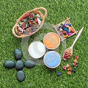 Natural Spa herbal and Beauty objects on green grass