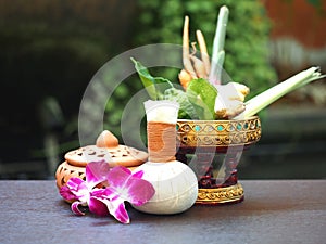 Natural Spa Ingredients herbal compress ball and herbal Ingredients for alternative medicine and relaxation Thai Spa theme with si