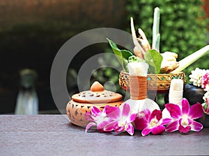 Natural Spa Ingredients herbal compress ball and herbal Ingredients for alternative medicine and relaxation Thai Spa theme with si