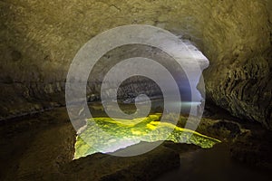 Natural speleothem, cascades of lakes and waterfalls in Nizhneshakuranskaya cave