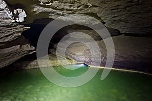 Natural speleothem, cascades of lakes and waterfalls in Nizhneshakuranskaya cave