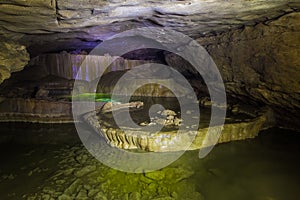 Natural speleothem, cascades of lakes and waterfalls in Nizhneshakuranskaya cave