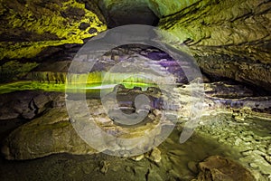 Natural speleothem, cascades of lakes and waterfalls in Nizhneshakuranskaya cave