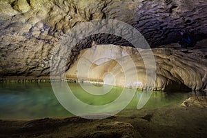 Natural speleothem, cascades of lakes and waterfalls in Nizhneshakuranskaya cave