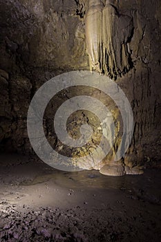 Natural speleothem stalactites and stalagmites in Nizhneshakuranskaya cave