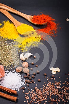 Natural spices and herbs scattered on dark background. Natural and bio ingredients for cooking.