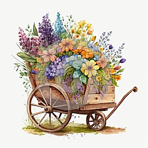 Natural Splendor: Wooden Wagon Displaying a Gorgeous Array of Spring Flowers AI Generated