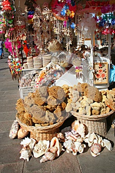 Natural sponges, souvenirs and shells on sale