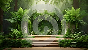 A natural stage filled with plants and ferns in the forest. Generative AI.