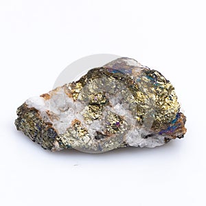 Natural stone chalcopyrite on a white background. Mineral of golden color on a white background