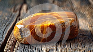 natural stone display, a tiger eye stone resting on a rustic wooden table under natural light, accentuating its golden photo