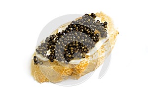 Natural sturgeon black caviar sandwich, luxury seafood delicacy