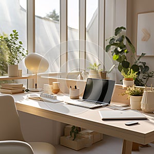Natural Sunlight Illuminating a Minimalistic Contemporary Workspace with Copyspace
