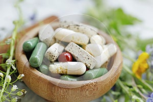 Natural suplements pills, alternative medicine with herbal plants extracts pills