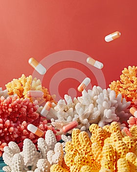Natural supplements showcased on a coral backdrop, emphasizing healthcare series , mid body shot