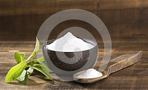 Natural sweetener in powder from stevia plant - Stevia rebaudiana photo