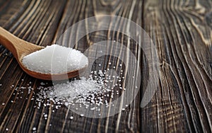 Natural sweetener in a wooden spoon. Sugar substitute erythritol on dark wood background.