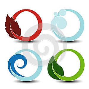 Natural symbols - fire, air, water, earth - nature circular elements with flame, bubble air, wave water and leaf