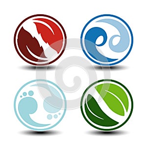 Natural symbols - fire, air, water, earth - nature circular icons with flame, bubble air, wave water and leaf. Elements of ecology