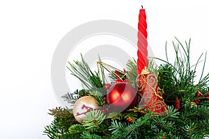 Natural table Christmas decoration with candle on white background