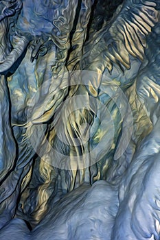 The natural texture of the cave with growths on the walls in digital processing in the style of the drawings of Giger.