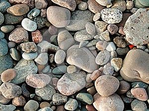 A natural texture made of different colour granite pebbels on The Baltic sea beach.