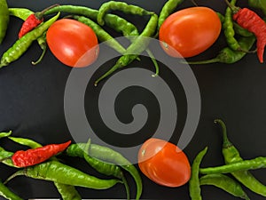Natural tomatoes and chilies on a dark background.