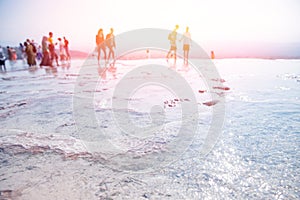 Natural travertine pools pool blue water and terraces in Pamukkale Turkey