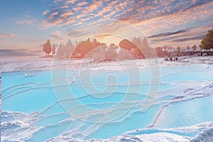 Natural travertine pools pool blue water and terraces in Pamukkale Turkey banner