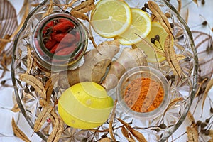 Natural treatment. Lemon,ginger,linden, turmeric