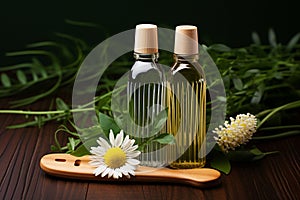 Natural trio Wooden comb, glass bottle, and leaf harmonize on a large green backdrop