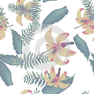 Natural Tropical Exotic. Organic Seamless Exotic. White Pattern Leaves. Green Floral Foliage. Yellow Wallpaper Design. Flora