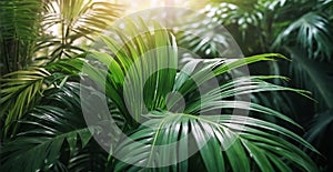Natural tropical green palm leaves and sunlight background banner.