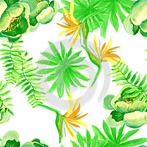 Natural Tropical Illustration. Gray Seamless Botanical. White Pattern Palm. Green Flower Vintage. Organic Drawing Nature.