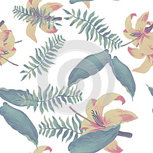 Natural Tropical Nature. Organic Seamless Art. Green Pattern Leaves. Yellow Floral Hibiscus. White Wallpaper Textile.