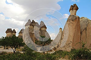 Natural valley with volcanic tuff stone rocks in Pasabag in Cappadocia, Turkey.