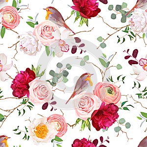 Natural vector seamless pattern with cute robin birds and bouquets