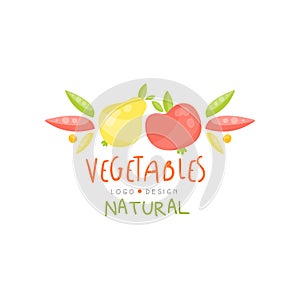 Natural vegetables logo design, healthy kids menu colorful creative template vector Illustration