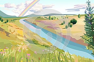 Natural view: a green grass hill, smooth river and beautiful rainbow in the summer time