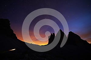 Natural view of Milky Way Galaxy over the Dolomites Mountains. On exposure shot.