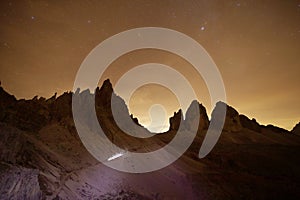 Natural view of Milky Way Galaxy over the Dolomites Mountains. On exposure shot.