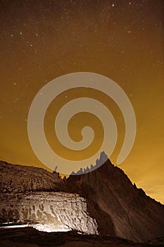 Natural view of Milky Way Galaxy over the Dolomites Mountains. On exposure shot.