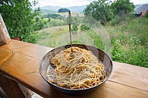 Natural view and pan with Italian pasta with tomato and fork. Spaghetti food on terrace of rural home