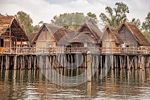 A natural view of stilt houses over the Lake Unteruhldingen in Bodensee, Germany