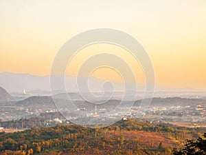 Natural viewpoint, mountains, hills, forests and river under morning mist