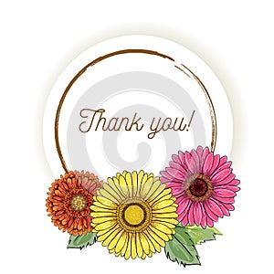 Natural vintage greeting card with inscription of words Thank you with yellow, orange, pink magenta gerbera flowers. Vector hand