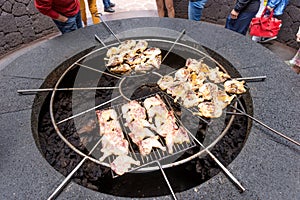 Natural volcanic stove grills meat for the restaurant at Timanfaya national park, Lanzarote, Canary Islands